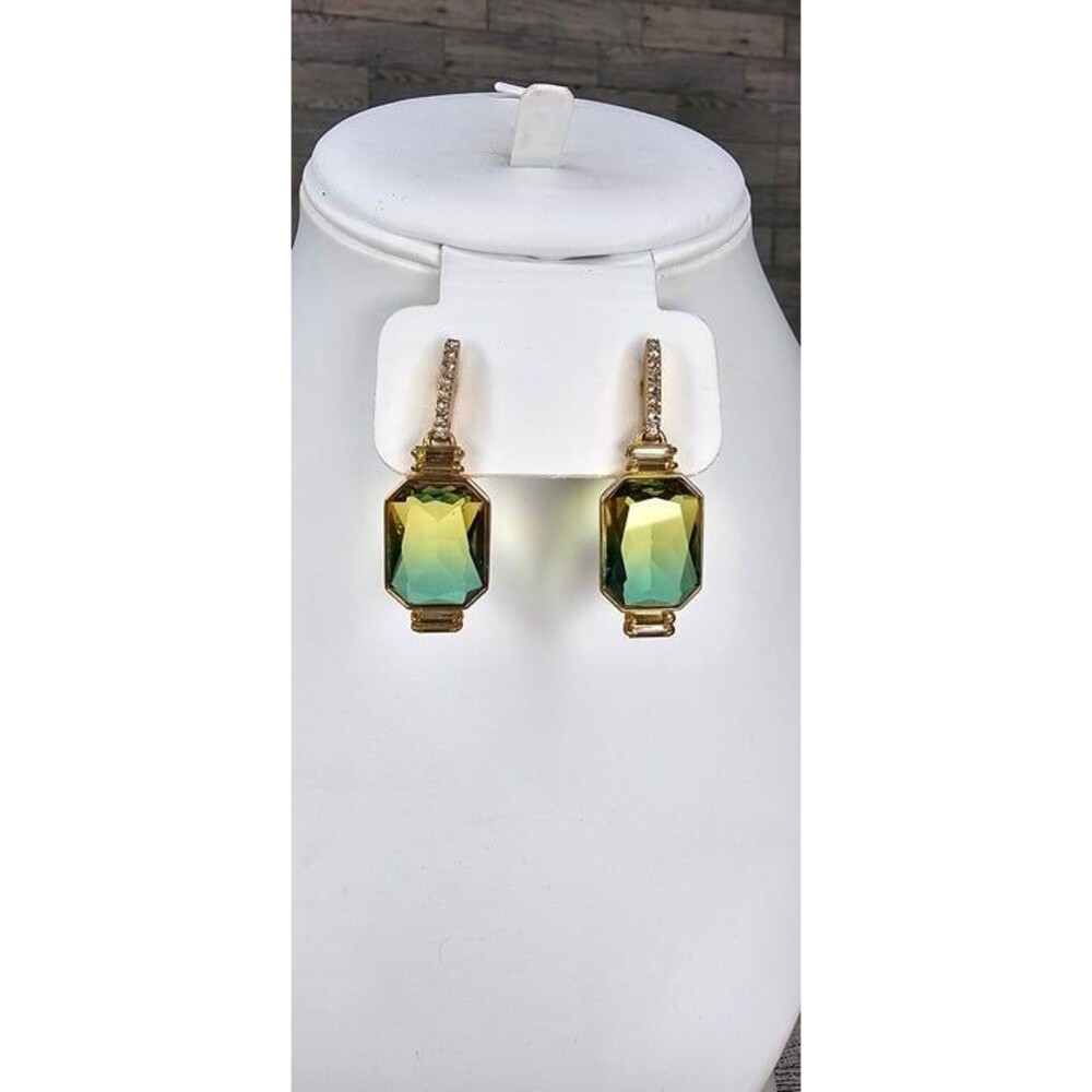 J.Crew "Julie Wintermint" Ombre Green Yellow Rhinestone Gold Tone Drop Earrings